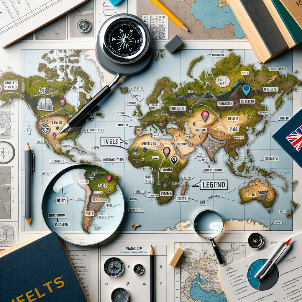 Create an illustrative image showing a map laid out on a table with relevant IELTS (International English Language Testing System) learning materials surrounding it. Include a magnifying glass hovering over the map highlighting some English words to signify vocabulary. Also, integrate some essential symbols like the compass, scales, legend, and route markers on the map, emphasizing the connection between cartography and language learning. The map should be covered in various geographical features like mountains, rivers, cities, forest zones, and such, with distinguishable labels in English to indicate vocabulary lessons.