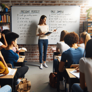 A well-lit classroom with a Caucasian female teacher standing beside a large whiteboard. On the whiteboard, she has neatly written examples highlighting the differences between Present Perfect and Past Simple tenses in English. The classroom is filled with diverse students of different descents like Hispanic, Black, Asian and Middle Eastern attentively listening to her. In the foreground, a Hispanic male student is seen taking notes in his notebook. Around, students are engaged in an animated, educational discussion. The surroundings are rich with books, learning materials, and colorful posters based on grammar rules.